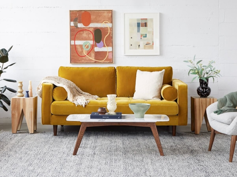 Sofa Midcentury Modern Square Arms Bolsters Mustard Velvet Small Space
