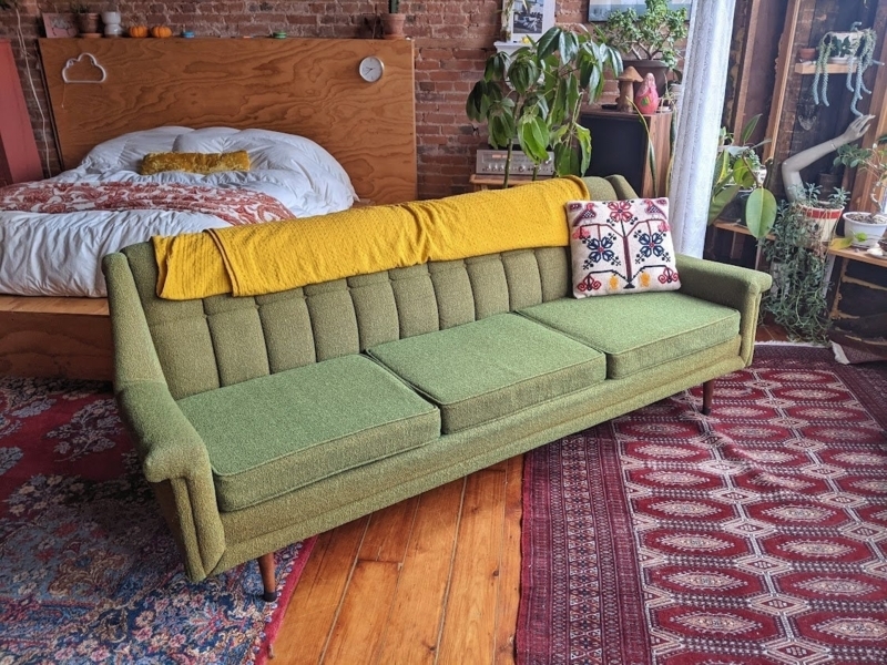 Sofa, Moss Green, Channeled Back, Tapered Wood Legs