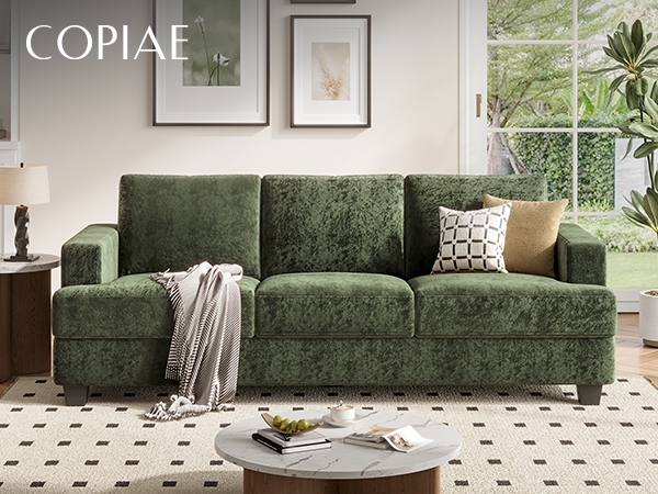Sofa Moss Green Chenille Texture Track Arms Block Feet