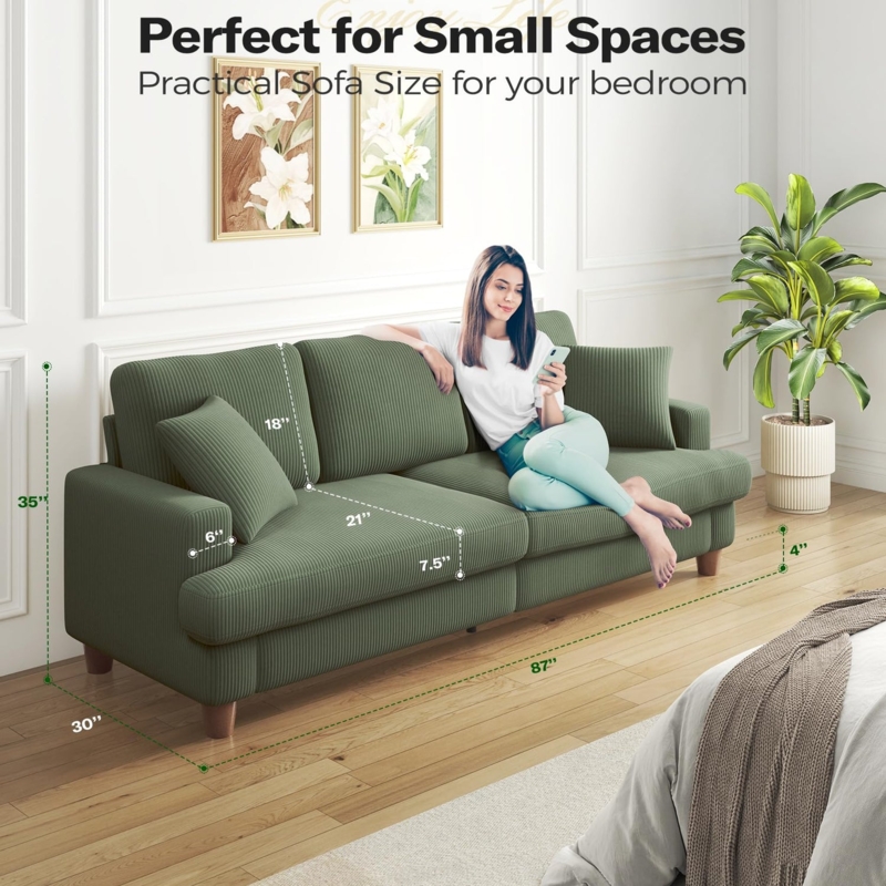 Sofa Moss Green Corduroy Extra Deep 21 Inch Seat Tapered Legs