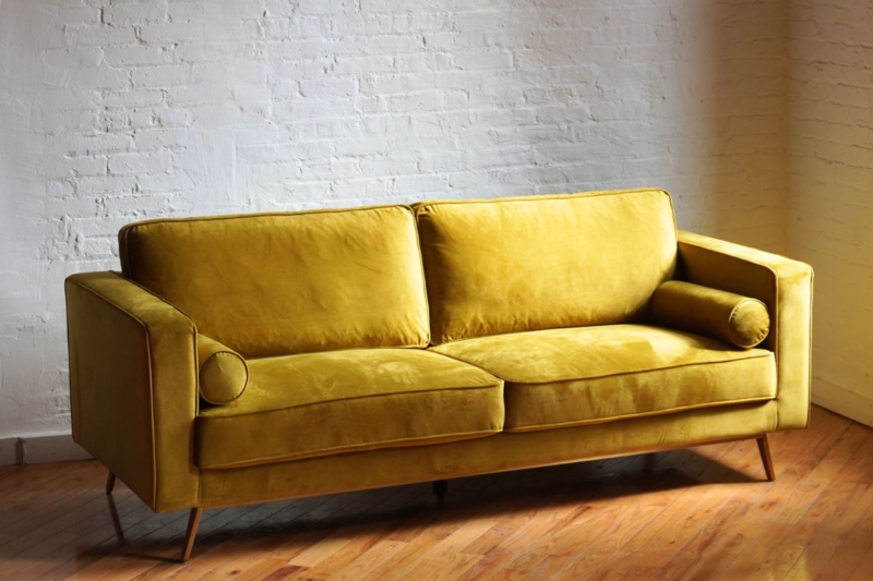 Sofa Mustard Velvet with Cylindrical Bolsters and Tapered Legs