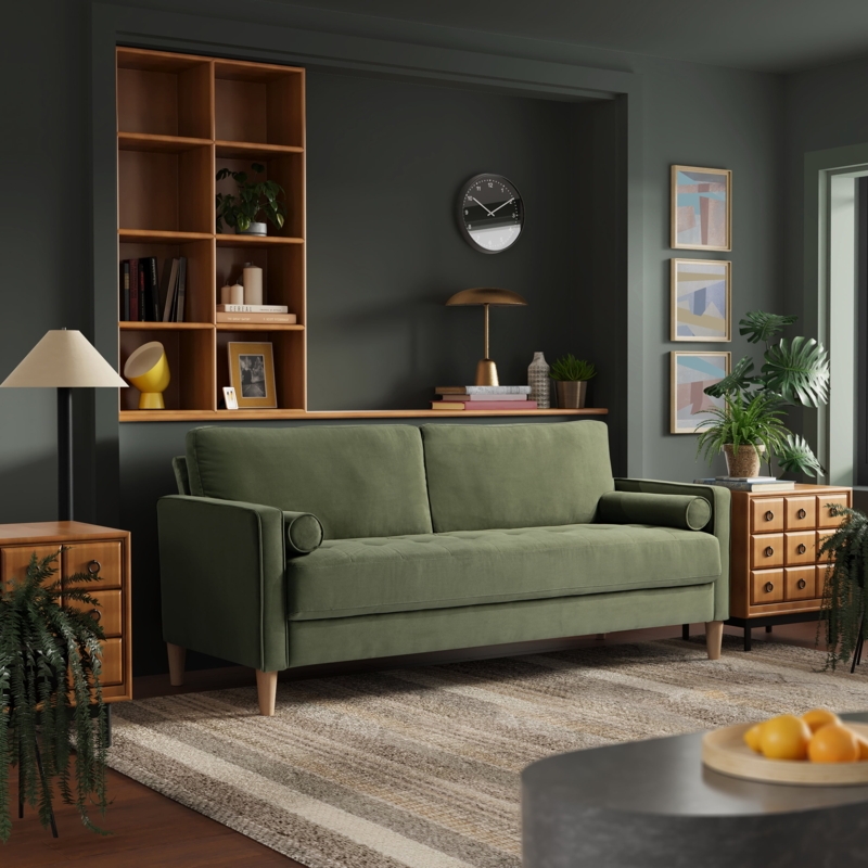 Sofa, Olive Green, Bolster Pillows, Tapered Wood Legs