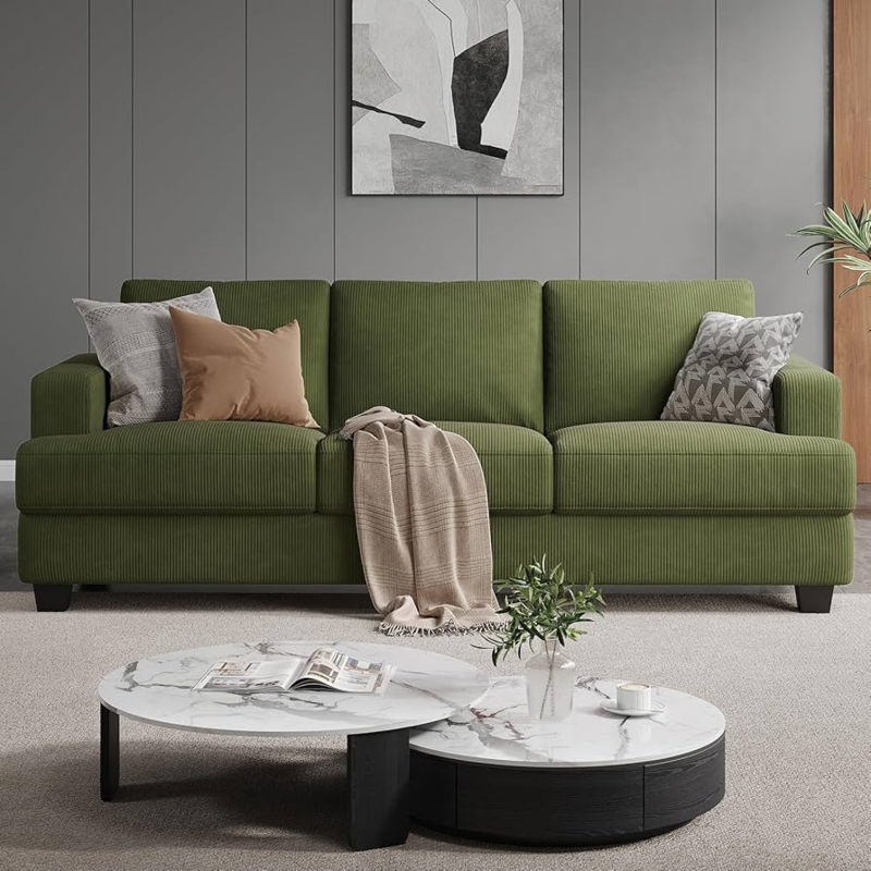 Sofa Olive Green Corduroy Texture Deep Seating Modern Couch