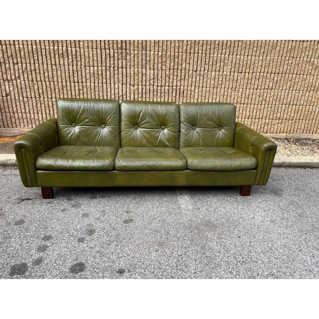 Sofa, Olive Green Leather-Like, Button Tufted Back, Block Legs