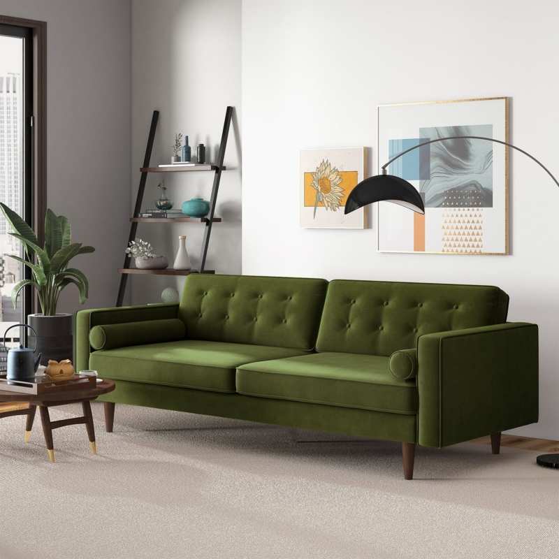 Sofa, Olive Green Velvet, Button Tufted Back, Bolsters