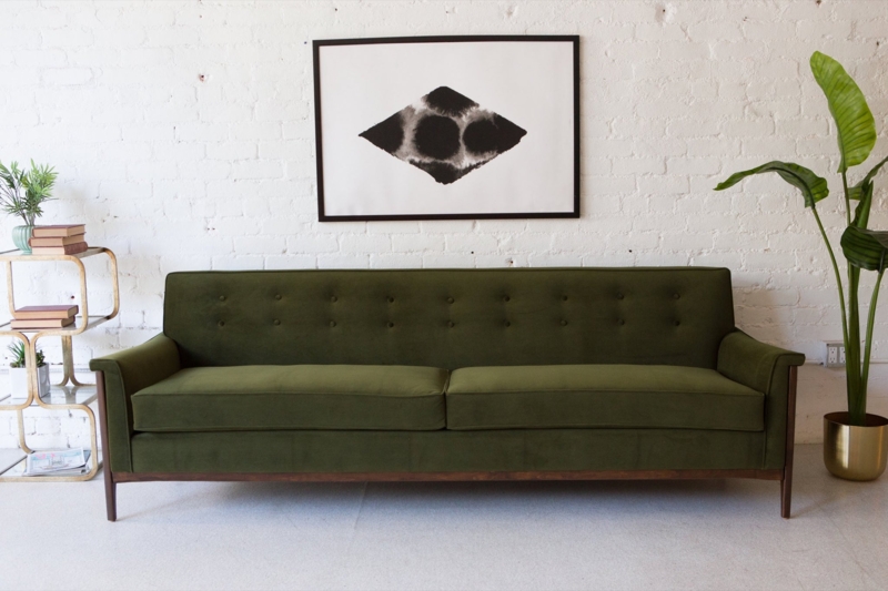 Sofa, Olive Green Velvet, Button Tufted Back, Tapered Legs