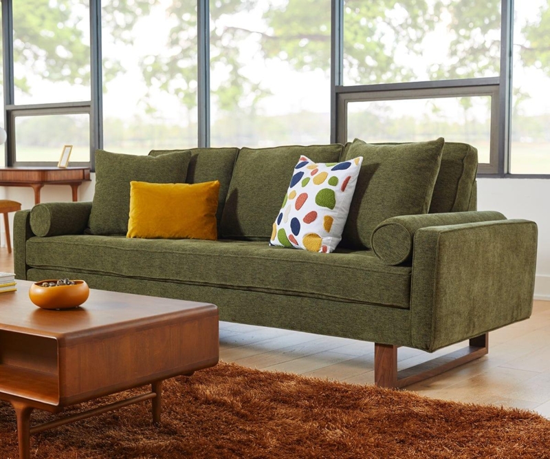 Sofa, Olive Green, Wood Sled Base, Bolster Pillows