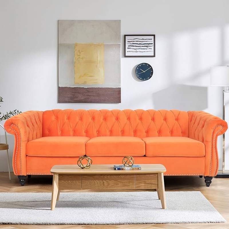 Sofa Orange Velvet Chesterfield Button Tufting Silver Nailhead Trim