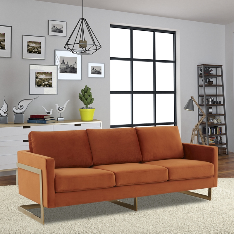 Sofa Orange Velvet Gold Geometric Frame Track Arms Mid-Century