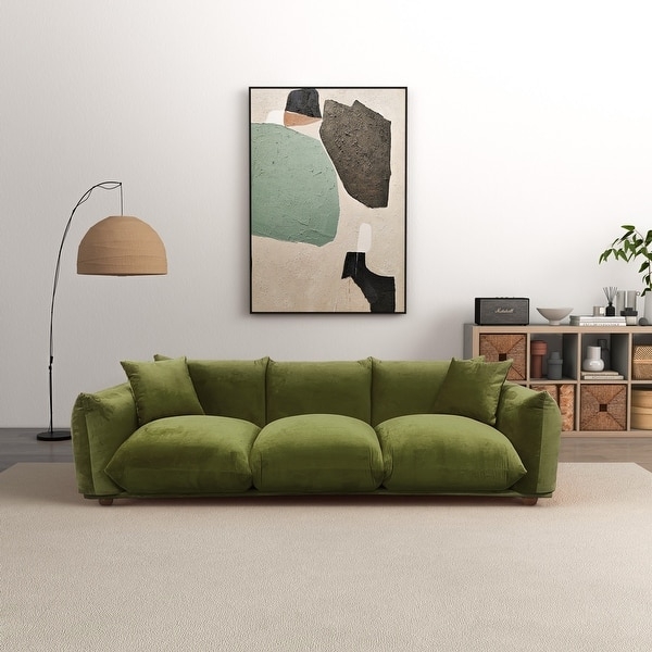 Sofa Organic Modern Olive Green Velvet Puffy Cushions Plush Couch
