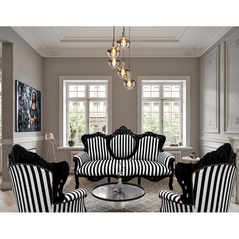 Sofa Ornate Carved Frame Glossy Black Wood Striped