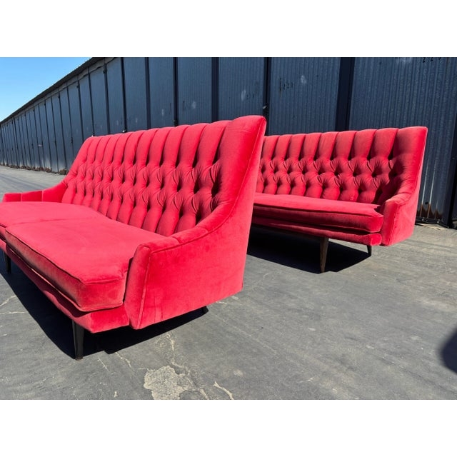 Sofa Pair Red Velvet Vertical Channel Tufting Mid Century Modern Style
