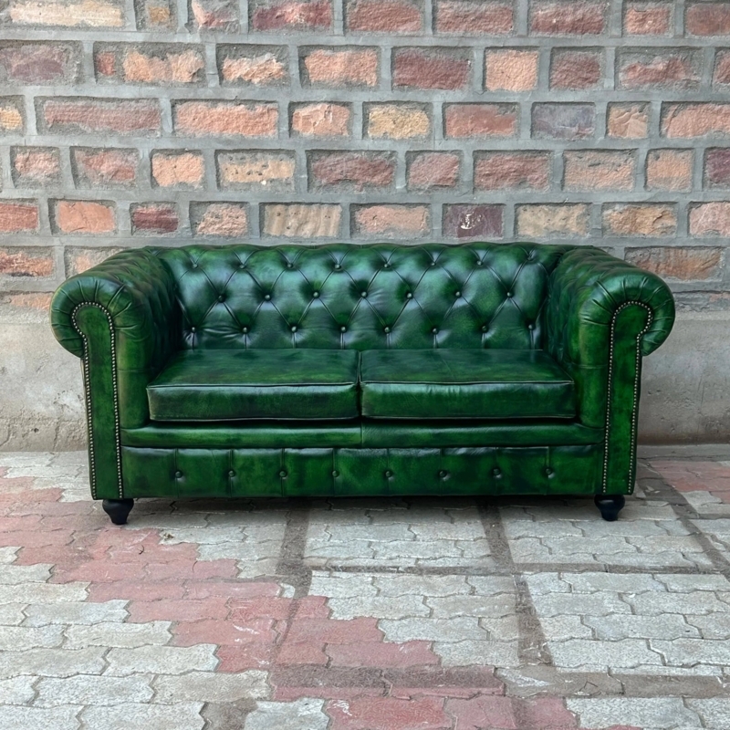Sofa Polo Green Leather Chesterfield Deep Button Tufted Rolled Arms