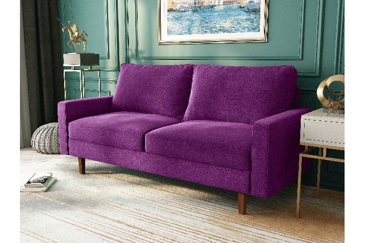 Sofa Purple Textured Upholstery Slender Wood Legs Mid-Century Modern