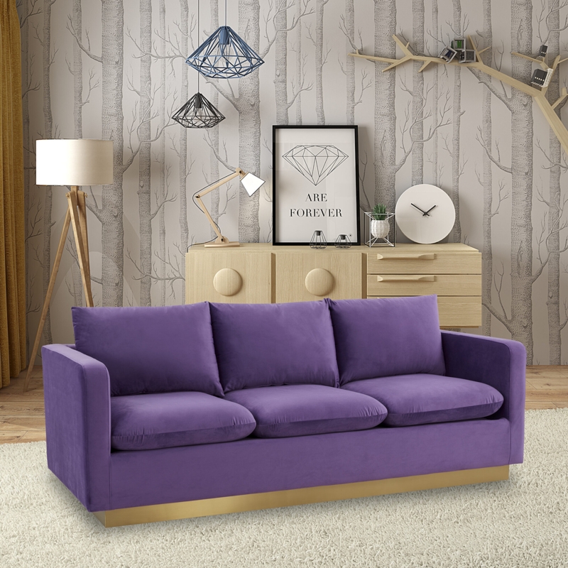 Sofa Purple Upholstery Gold Plinth Base Track Arms Contemporary