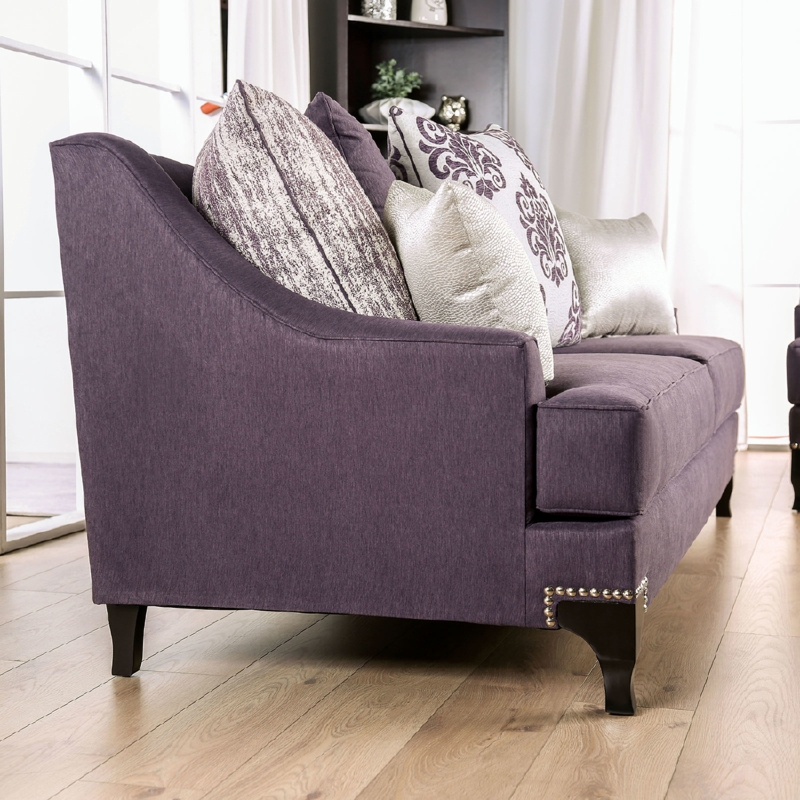Sofa Purple Upholstery Nailhead Trim Sloped Arms Tapered Legs Cozy