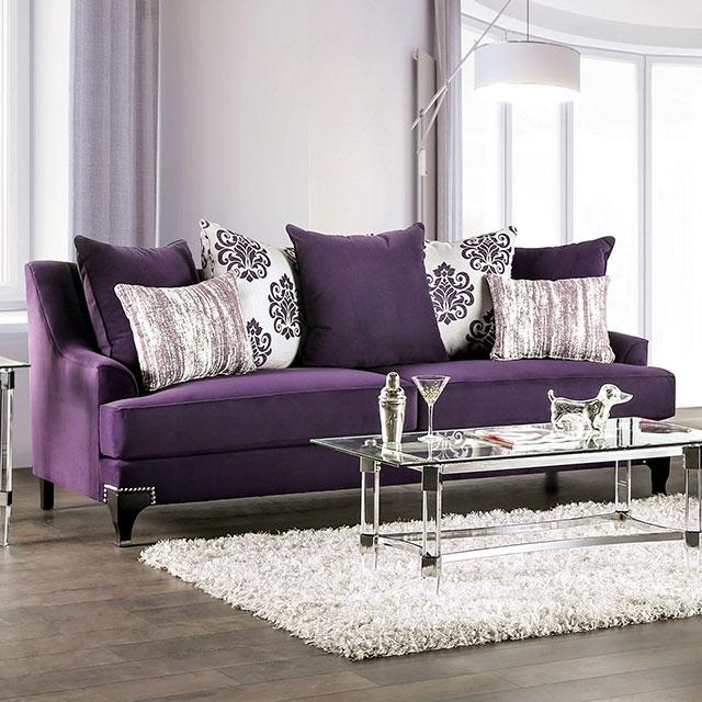 Sofa Purple Velvet Silver Nailheads Cabriole Legs Tuxedo Arms Glam