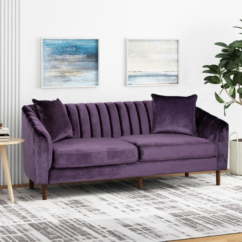 Sofa Purple Velvet Vertical Channel Tufting Tapered Legs Mid-Century