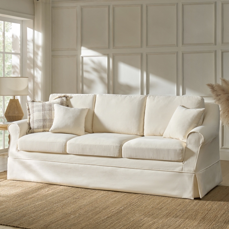 Sofa Rolled Arms Skirted Slipcover Three Cushion Seat Cream Linen
