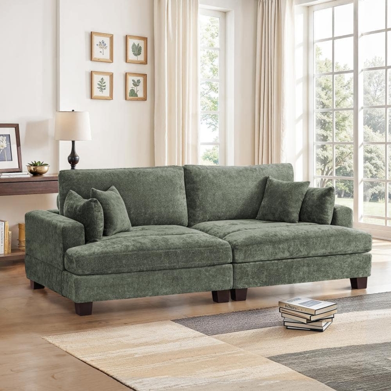 Sofa Sage Green Chenille Fabric Square Arms Low Profile Modern Lounge