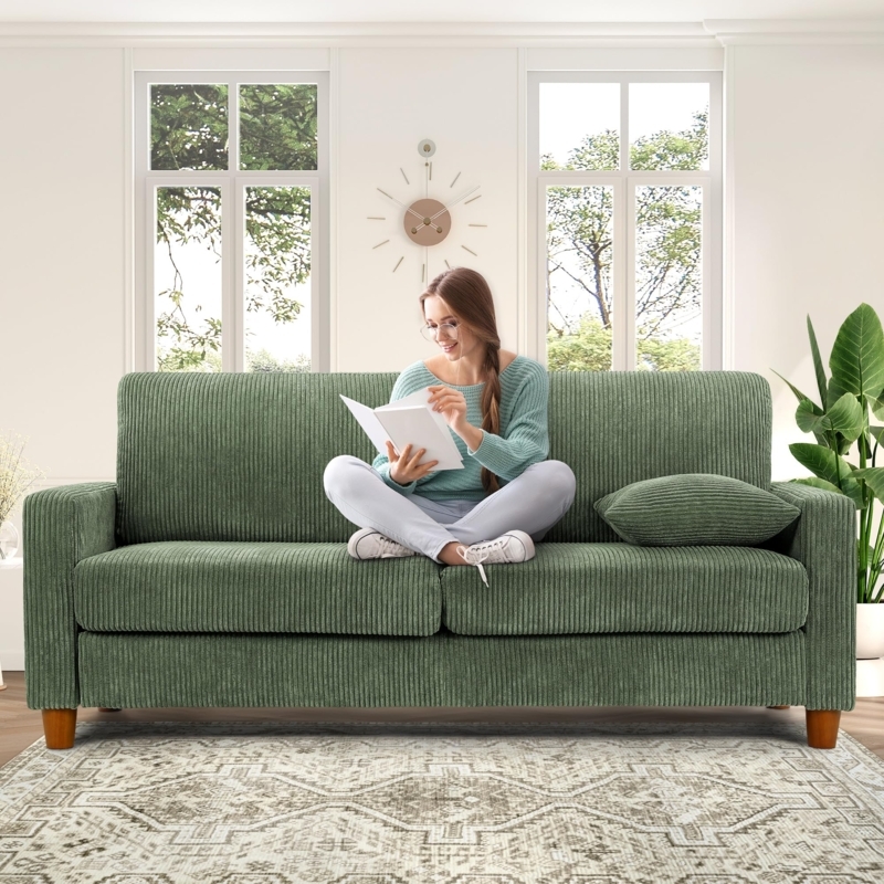 Sofa Sage Green Corduroy Tapered Wood Legs Mid Century Modern
