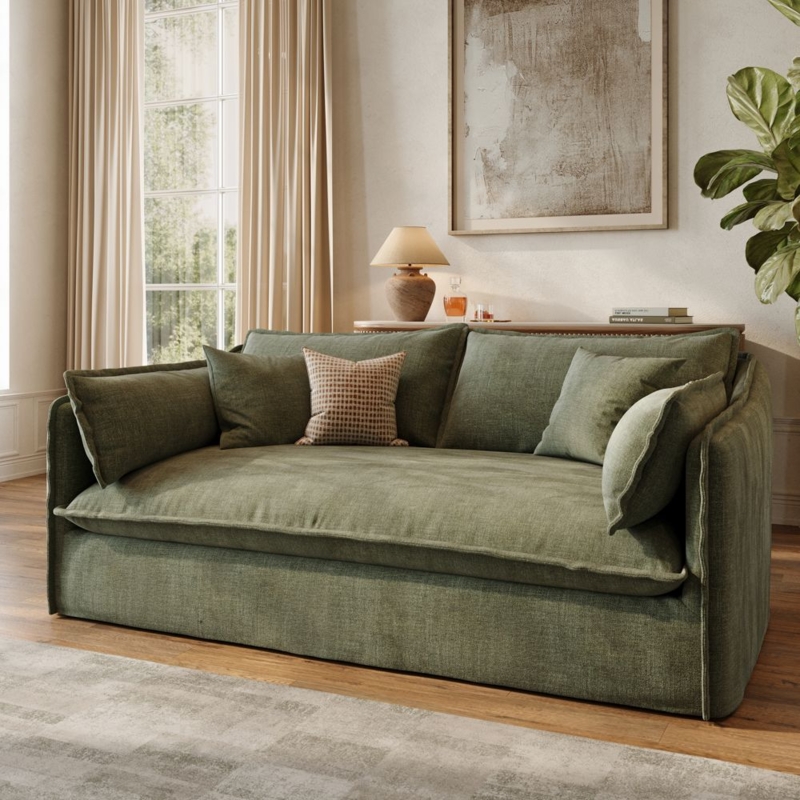 Sofa Sage Green Linen Texture Skirted Base Deep Seat