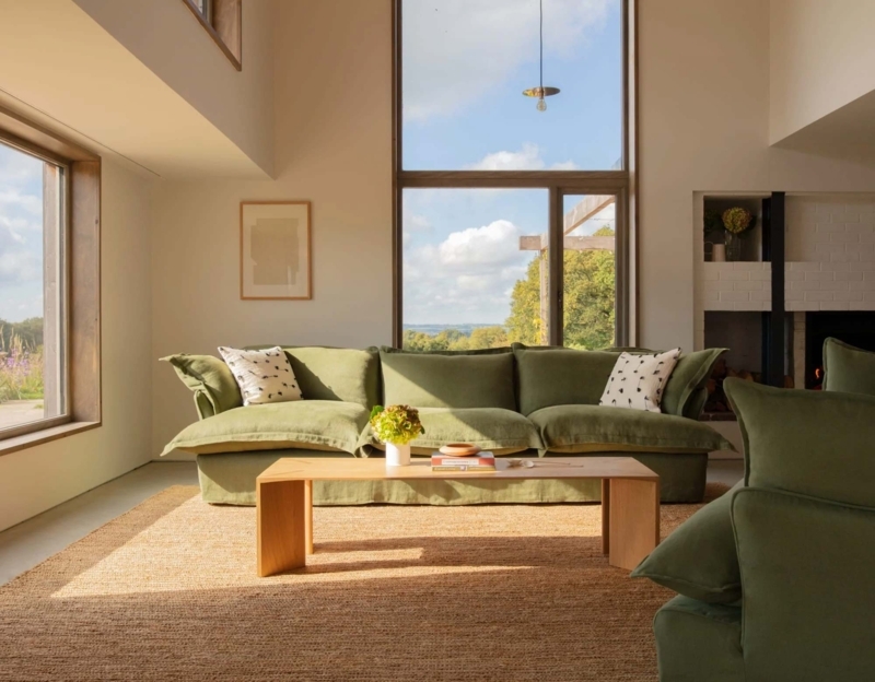 Sofa Sage Green Slipcovered Overstuffed Modern Country Style.