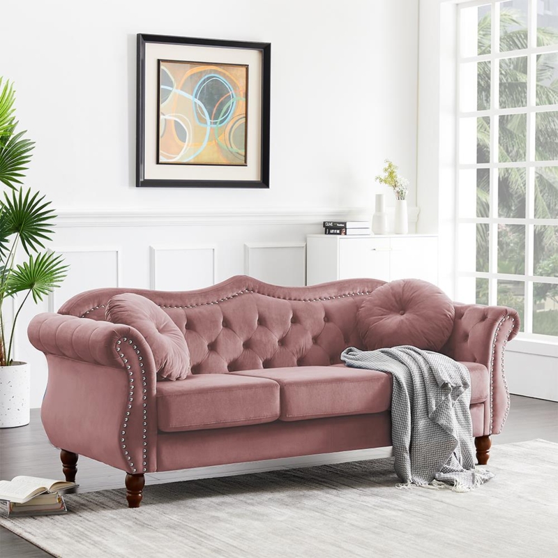 Sofa Scalloped Back Dusty Pink Velvet Nailhead Trim Rolled Arms