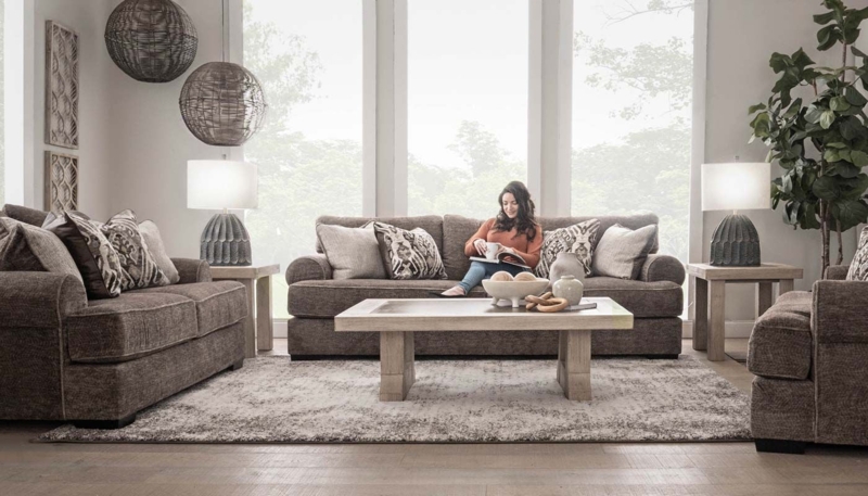 Sofa Set Beige Textured Upholstery Rolled Arms Transitional
