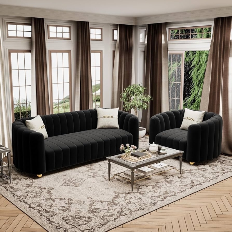 Sofa Set Black Channel Tufted Velvet-like Gold Ball Legs
