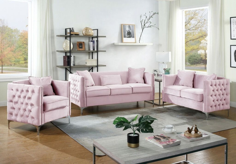 Sofa Set Blush Pink Velvet Channel Tufted Curved Back Gold Legs