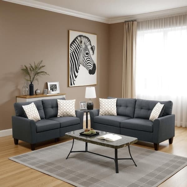 Sofa Set Charcoal Gray Tufted Back with Square Arms