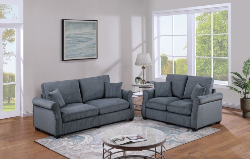 Sofa Set Corduroy Upholstery Rolled Arms Dark Gray Seating