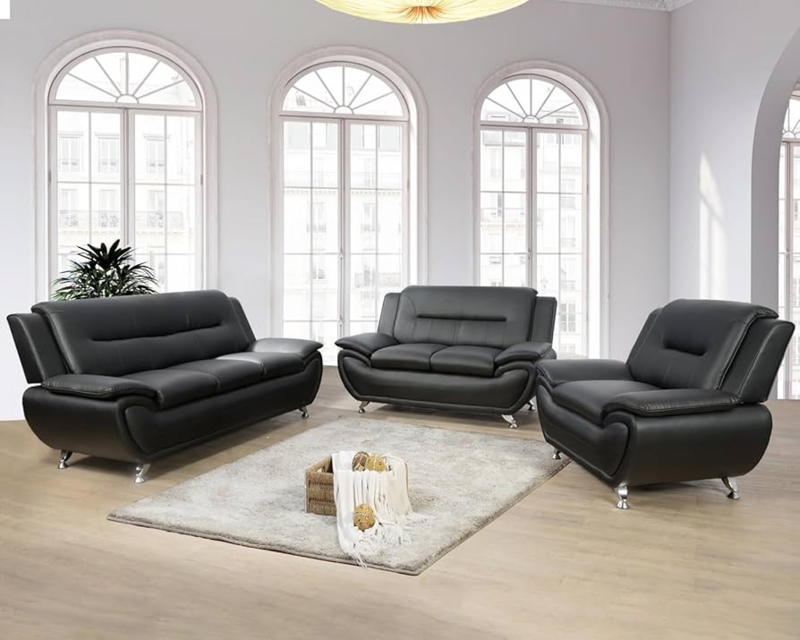 Sofa Set Curved Flared Arms Chrome Tapered Legs Black Leather
