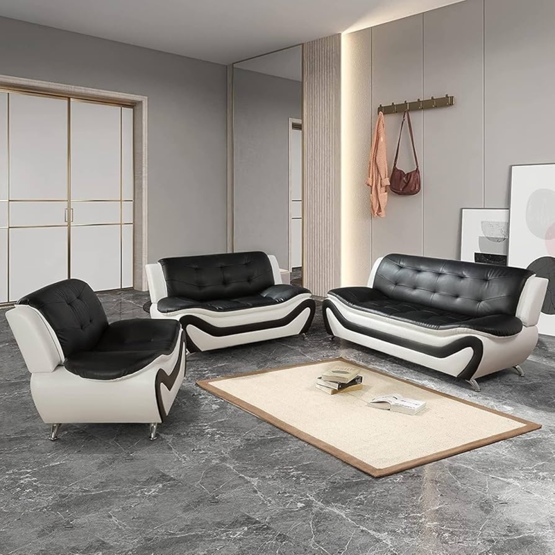 Sofa Set Futuristic Leather-Like Tufted Black Upholstery Metal Legs