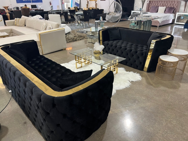 Sofa Set Glam Velvet Deep Diamond Tufting Gold Arm Trim