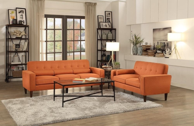 Sofa Set Orange Button Tufting Tapered Legs Mid-Century Modern