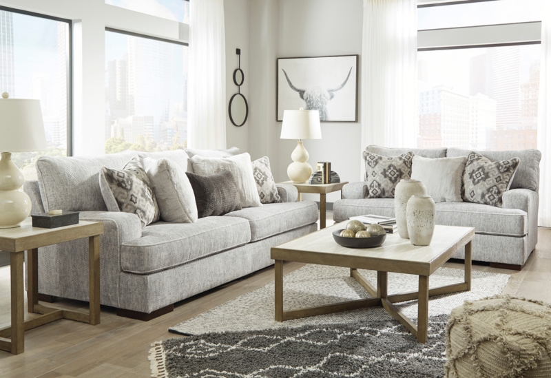 Sofa Set Oversized Silhouette Ikat Pillows Transitional Gray