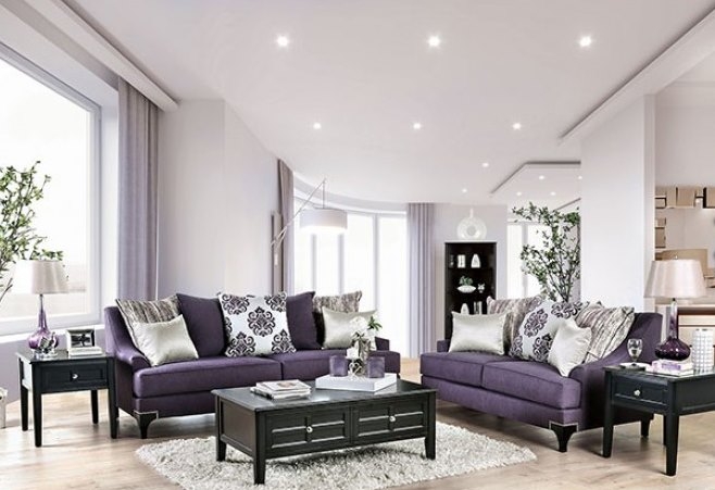 Sofa Set Purple Chenille Upholstery Damask Accent Pillows Dark Espresso