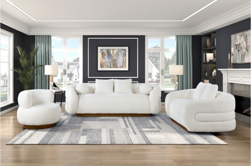 Sofa Set Sherpa Texture Rounded Silhouette Wood Plinth Base