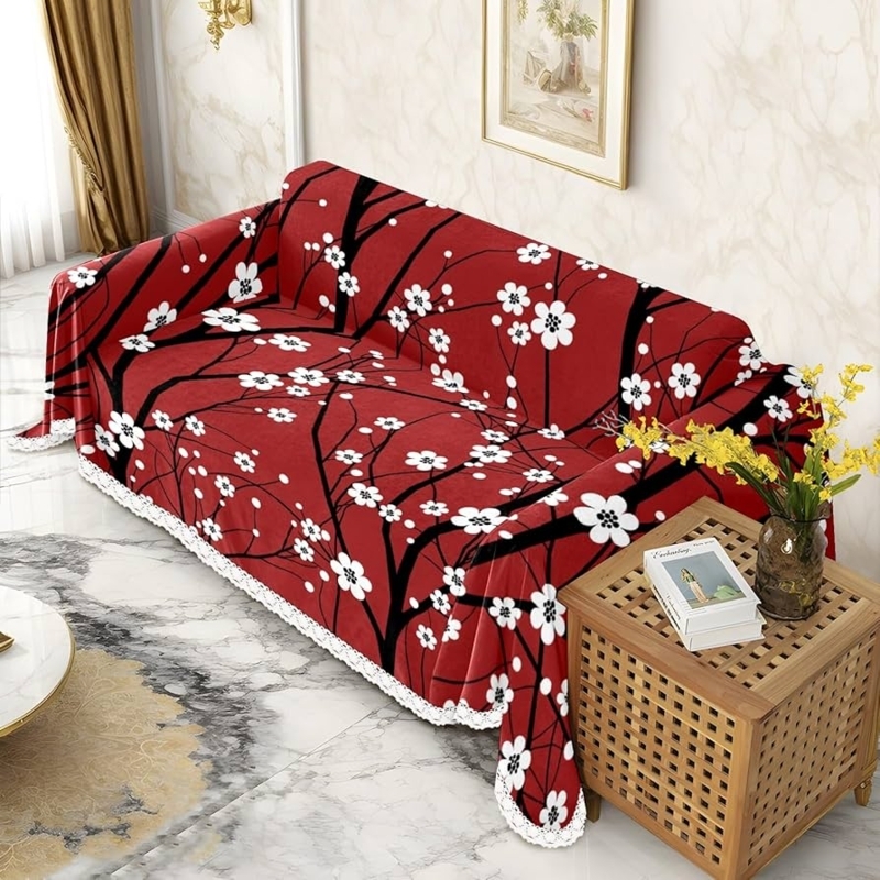 Sofa Slipcover Japanese Cherry Blossom Pattern with White Lace Trim