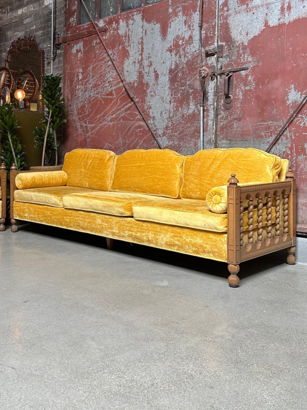 Sofa Spindle Turned Sides Scalloped Back Ball Feet Vintage Velvet