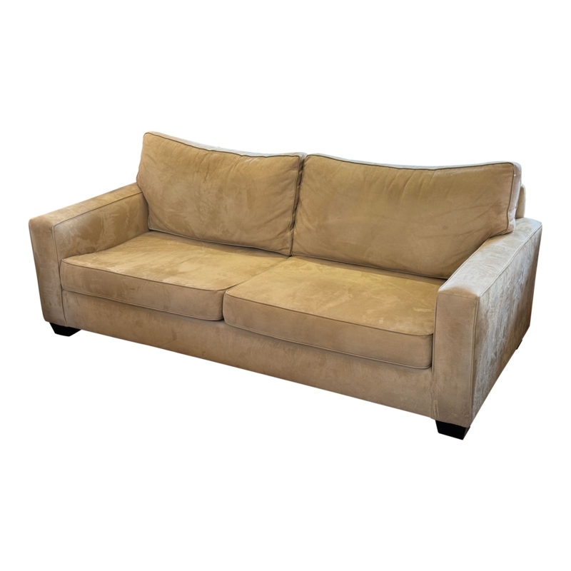 Sofa Tan Microsuede Like Two Cushion Design Track Arms Block Legs