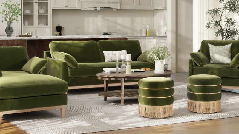 Sofa Tapered Wood Legs Earthy Green Modern Farmhouse Styling