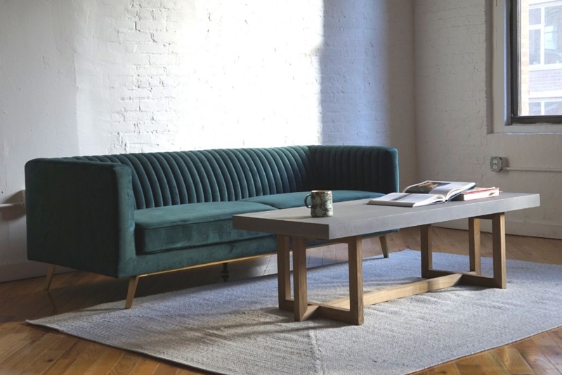 Sofa, Teal Velvet, Vertical Channel Tufting, Tapered Legs