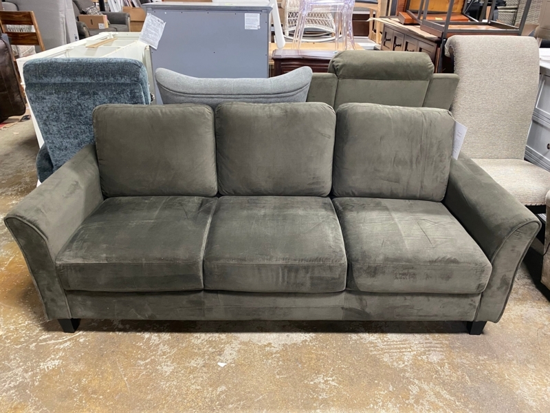 Sofa Three-Cushion Microsuede Flared Arms Charcoal Grey Contemporary