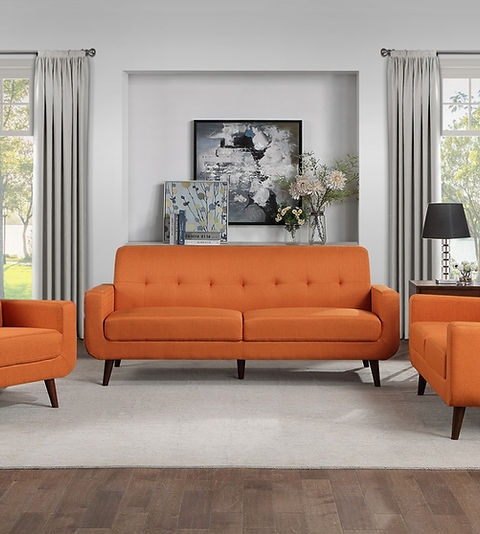 Sofa Three-Seater Orange Button Tufted Tapered Wood Legs Linen-Like