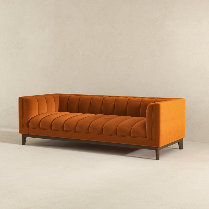 Sofa Tuxedo Burnt Orange Velvet Vertical Channel Tufting Tapered Legs