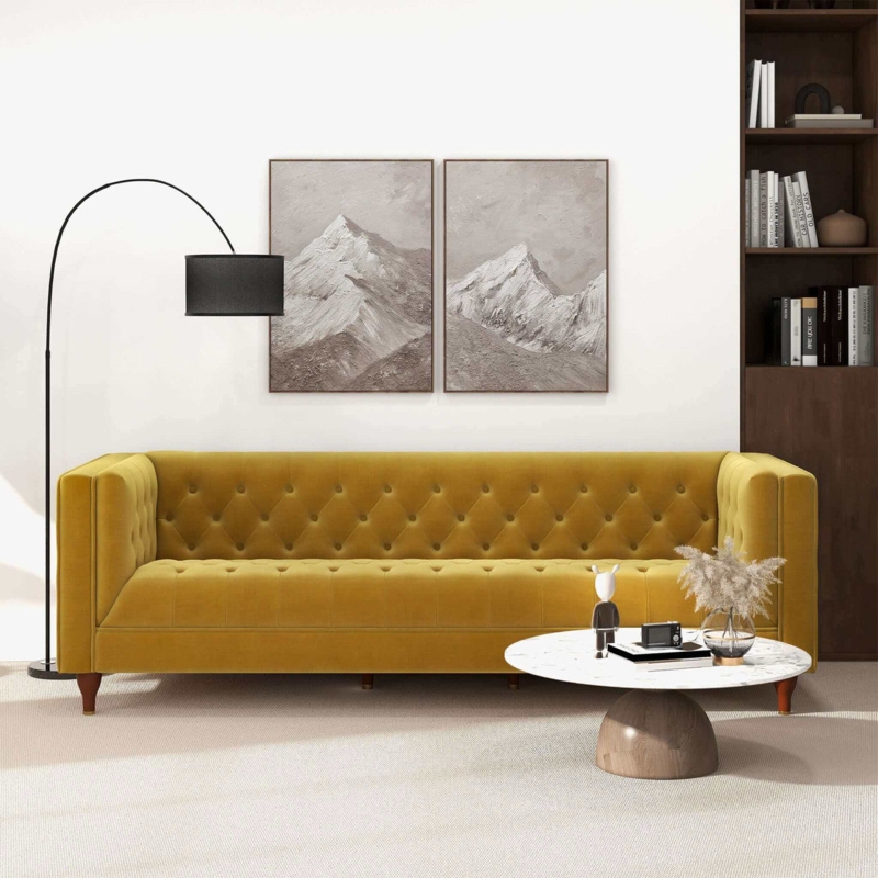 Sofa Tuxedo Silhouette Diamond Tufting Tapered Legs Luxury Velvet