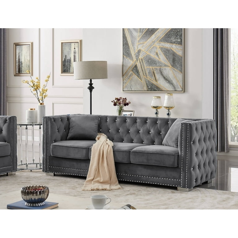 Sofa Tuxedo Silhouette Velvet Button Tufted Nailhead Trim